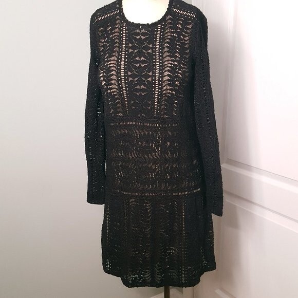 BCBGMaxazria Black Lace Illusion Dress Long Sleeve - Picture 1 of 6